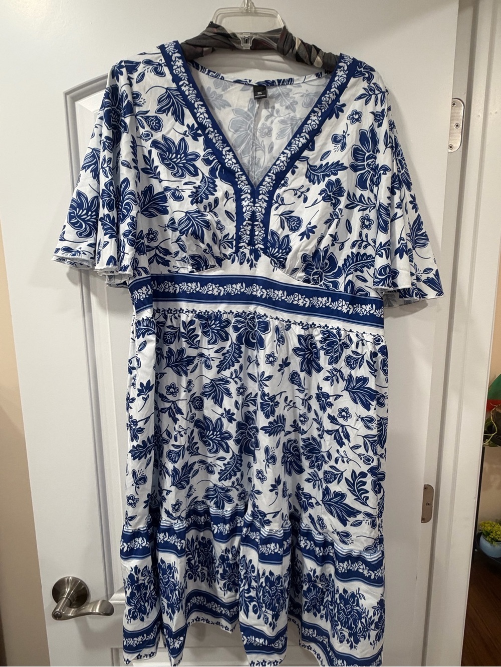 Blue and White Floral V-Neck Women’s Dress